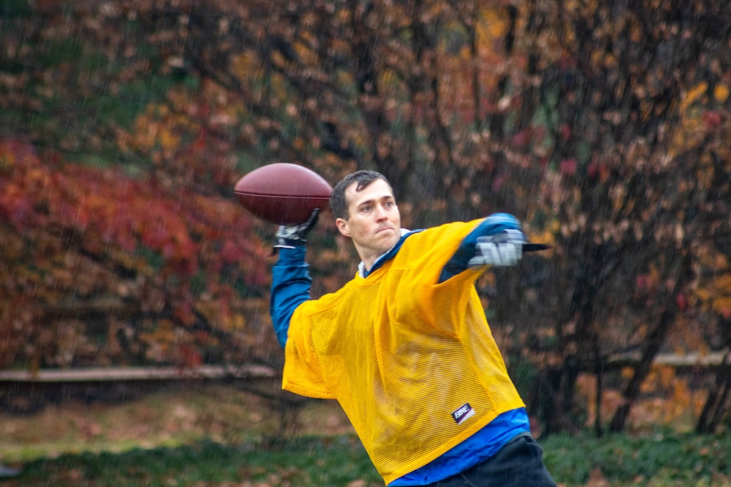 Quarterback rearing to pass.